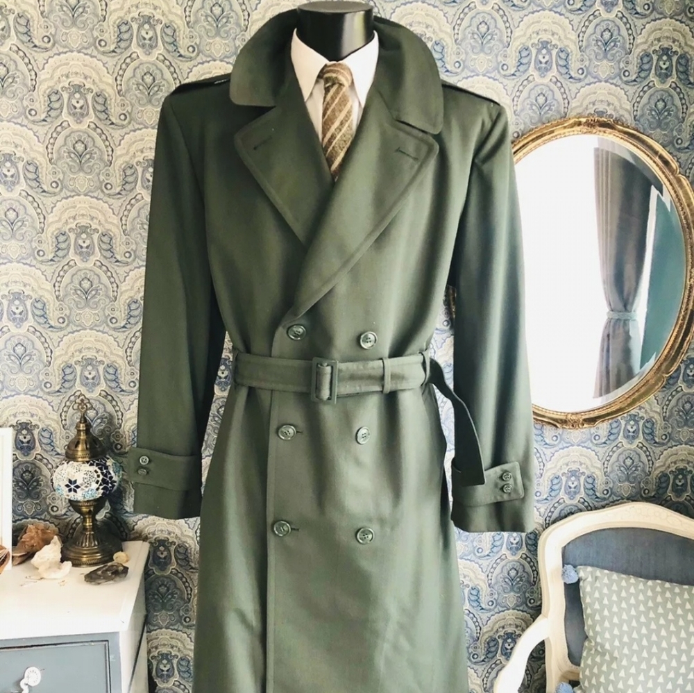 Men’s Vtg 1950s Green Military Double Breasted Gabardine Trench Coat Large XL 44